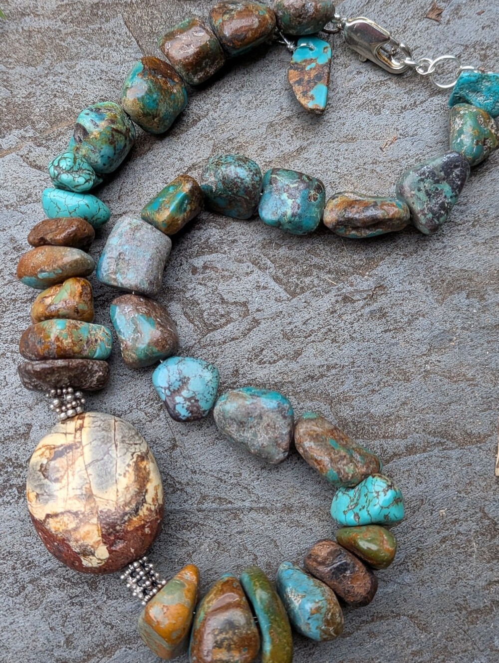Handcrafted Turquoise and Jasper  Stone Necklace - Natural Bead Statement .925